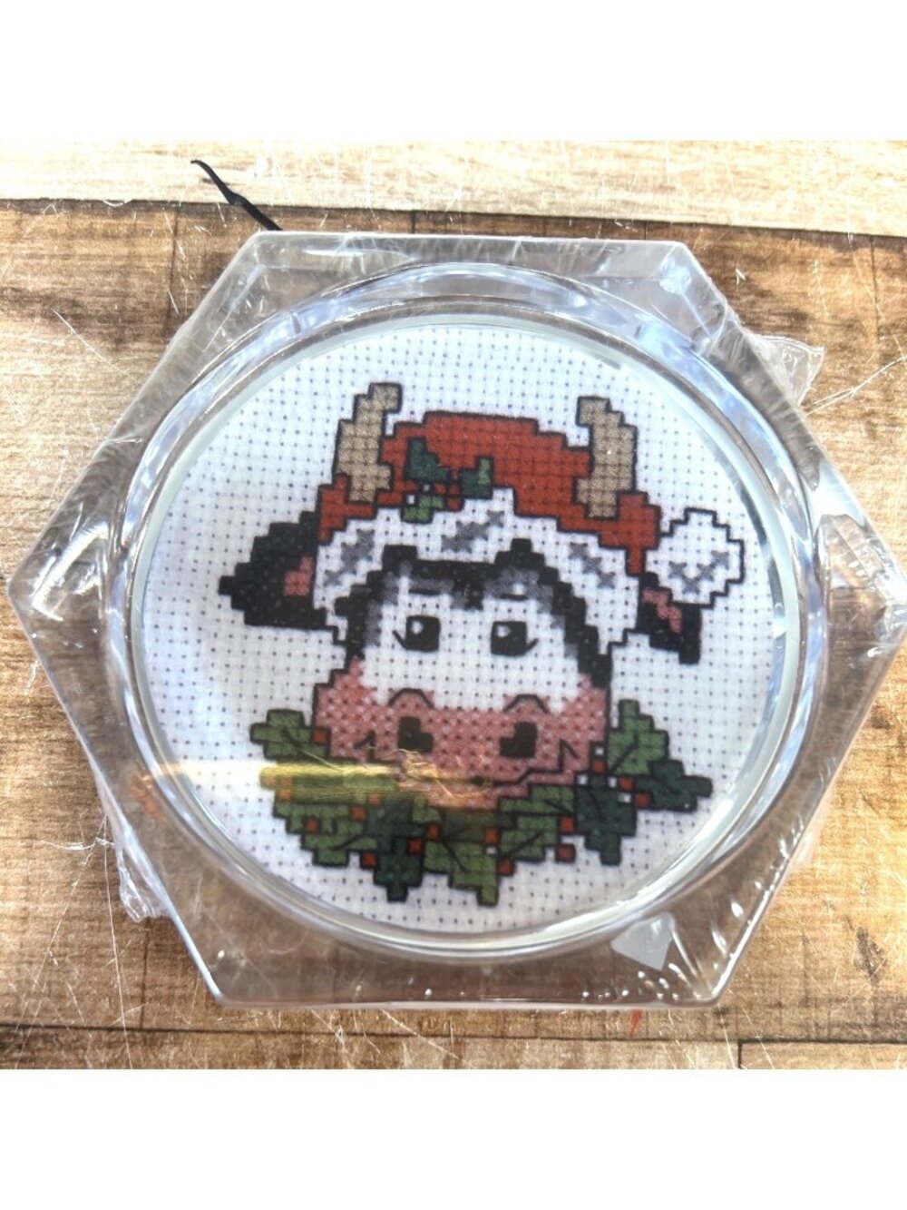 Holy Cow Coasters Cross Stitch Kit Hexagonal Cork Backing Holiday Design